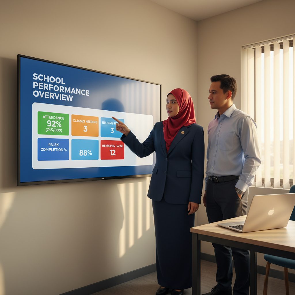 Malaysian principal and PK in ops room reviewing school dashboard with attendance, relief, PAJSK/SEGAK, and HEM widgets