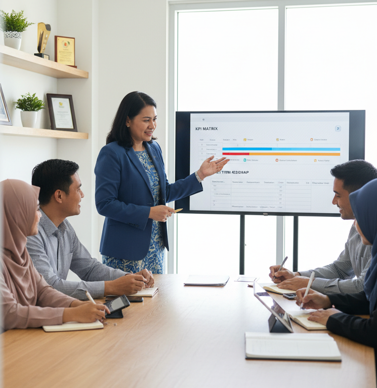 Malaysian principal leading planning meeting with KPI matrix and timeline roadmap on laptop